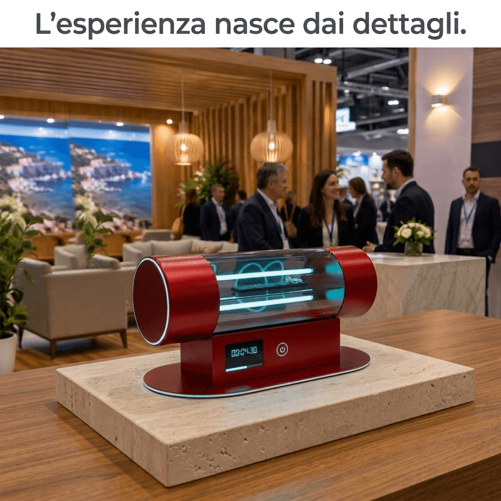 Lo stand Cepilola a INOUT 2026: Hygenica esposta su un blocco di travertino, con il claim «L'esperienza nasce dai dettagli.»