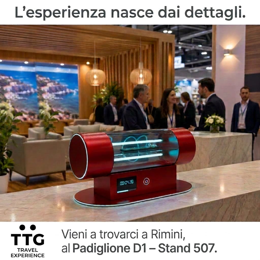 Il visual social dello stand: logo TTG Travel Experience e l'invito a venire a trovarci a Rimini, Padiglione D1 – Stand 507.